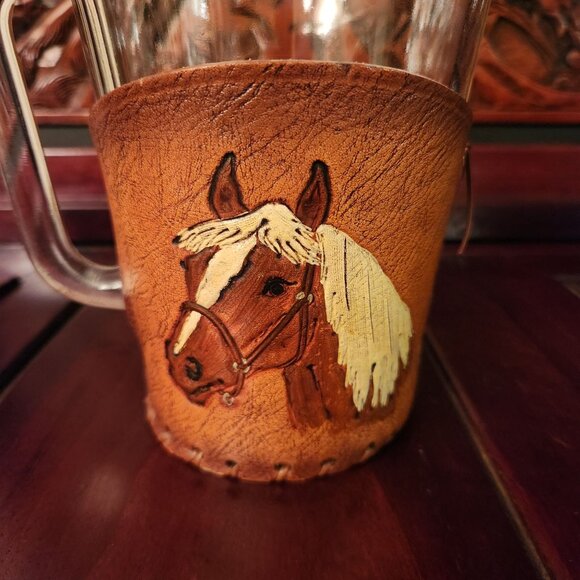 Vintage Green Glass Beer Pitcher With Handcrafted Leather Horse Design Wrap - Picture 2 of 14